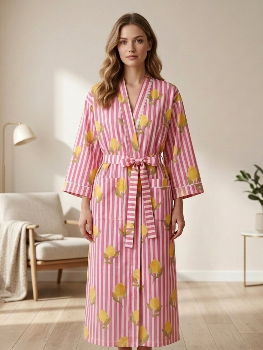 Hand block Print Cotton Kimono Robe, Floral Lounge Gown, Bridesmaid Gift, Resort